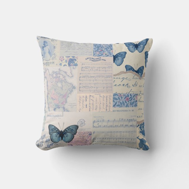 Musical Butterfly Collage in Blue and White Kudde (Framsida)