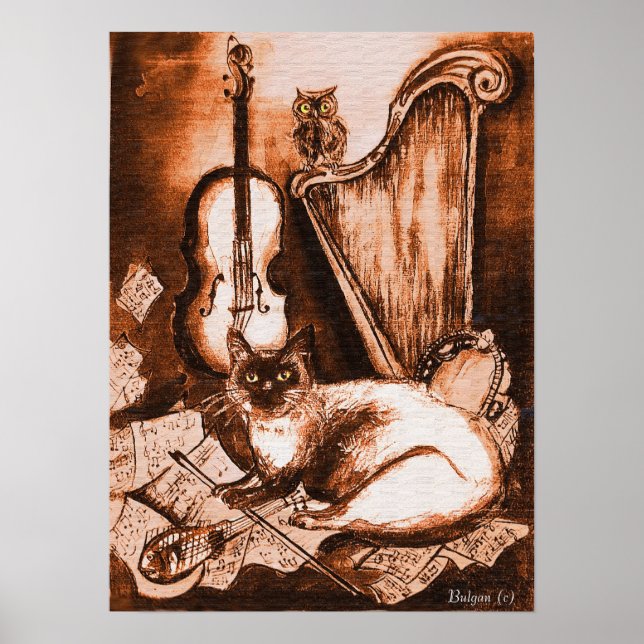MUSICAL CAT AND UGGLA, Brown and White Poster (Framsidan)
