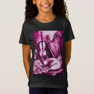 MUSICAL CAT AND UGGLA Rosa Fuchsia Lila White T-shirt