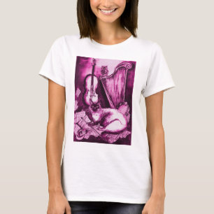 MUSICAL CAT AND UGGLA Rosa Fuchsia Lila White T Shirt