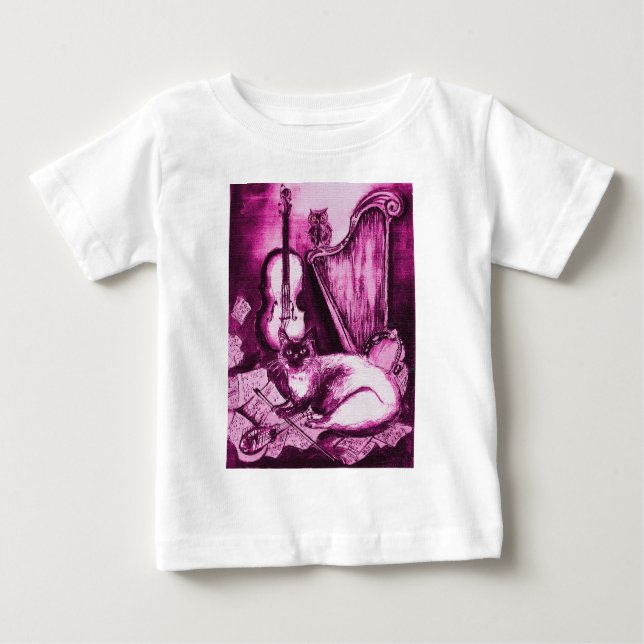 MUSICAL CAT AND UGGLA Rosa Fuchsia Lila White T Shirt (Framsida)