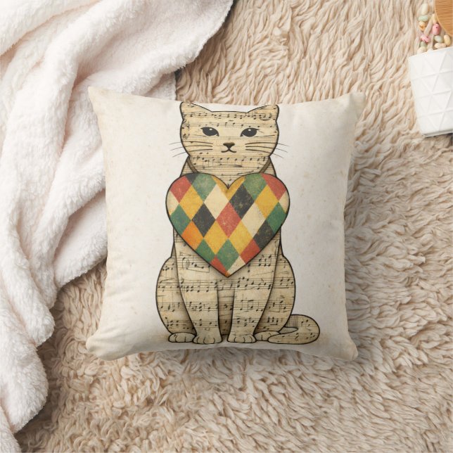 Musical Cat Collage with Harlequin Heart Kudde (Filt)