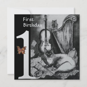 MUSICAL CAT First Födelsedagsfest Black Silver Inbjudningar
