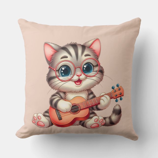 Musical Cat Funny Clipart Throw Pillow for Kids Kudde (Framsida)