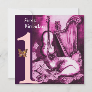 MUSICAL CAT Rosa Fuchsia First Födelsedagsfest Inbjudningar