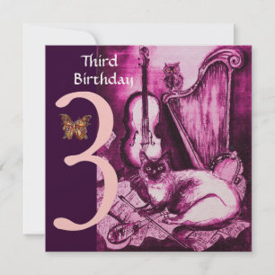 MUSICAL CAT Rosa Fuchsia Tredje Födelsedagsfesten Inbjudningar