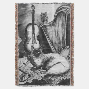 MUSICAL CAT,UGGLA,VIOLIN,HARP Black White Grått Mu Filt