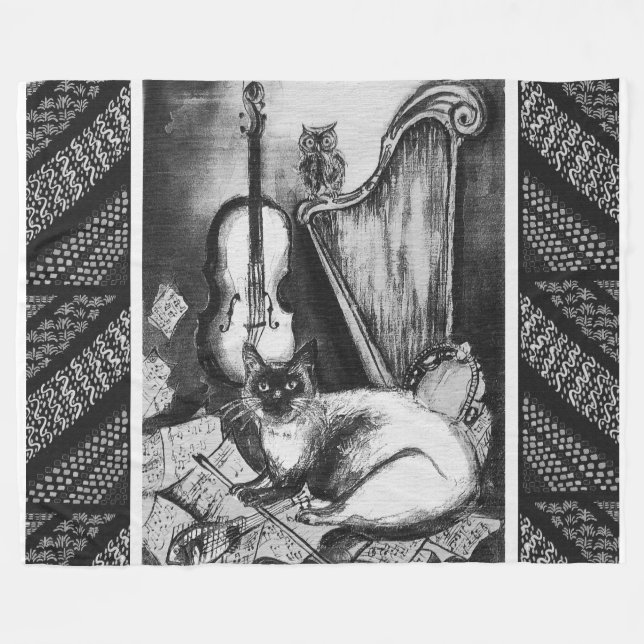 MUSICAL CAT,UGGLA,VIOLIN,HARP Black White Grått Mu Fleecefilt (Framsidan (Horisontell))