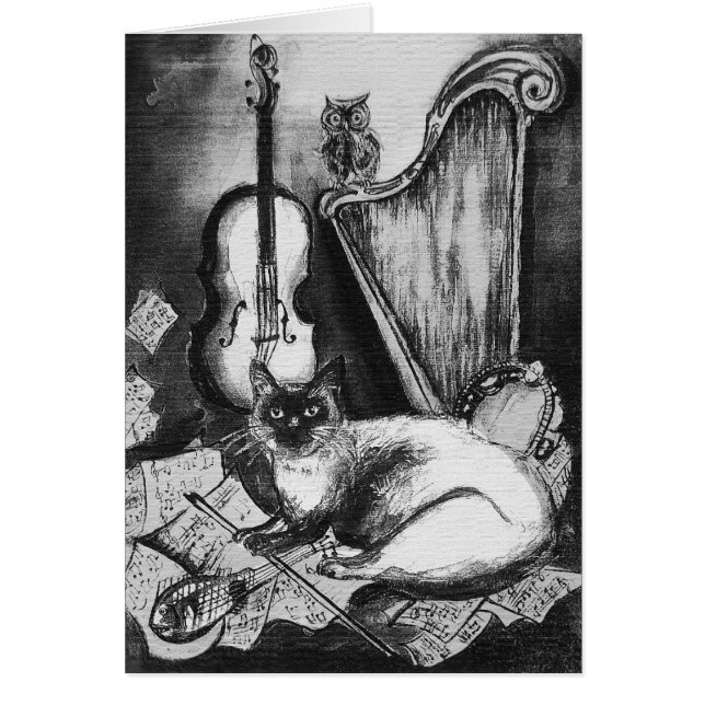 MUSICAL CAT,UGGLA,VIOLIN,HARP Black White Grått Mu Hälsningskort (Framsidan)
