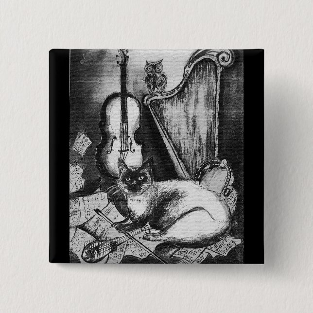 MUSICAL CAT,UGGLA,VIOLIN,HARP Black White Grått Mu Knapp (Framsida)
