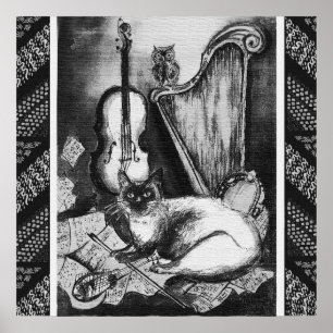 MUSICAL CAT,UGGLA,VIOLIN,HARP Black White Grått Mu Poster