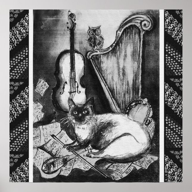 MUSICAL CAT,UGGLA,VIOLIN,HARP Black White Grått Mu Poster (Framsidan)