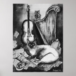 MUSICAL CAT,UGGLA,VIOLIN,HARP Black White Grått Mu Poster