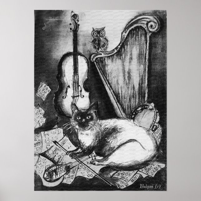 MUSICAL CAT,UGGLA,VIOLIN,HARP Black White Grått Mu Poster (Framsidan)