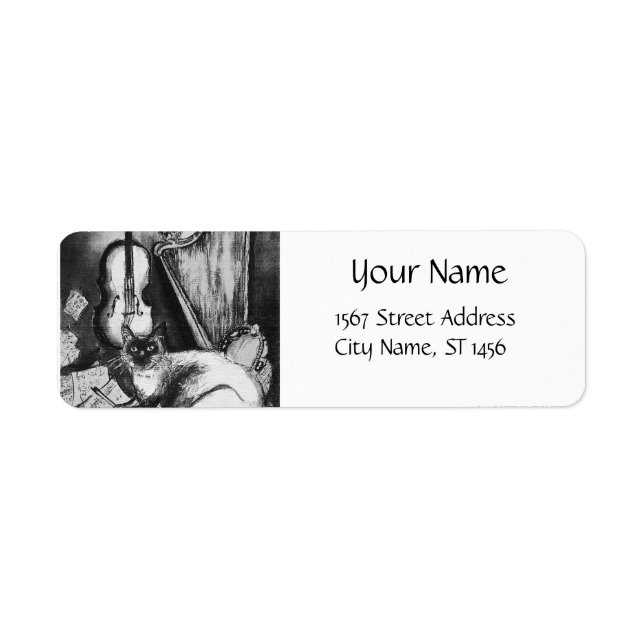 MUSICAL CAT,UGGLA,VIOLIN,HARP Black White Grått Mu Returadress Etikett (Framsidan)