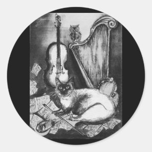 MUSICAL CAT,UGGLA,VIOLIN,HARP Black White Grått Mu Runt Klistermärke