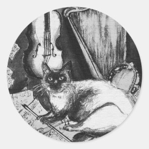 MUSICAL CAT,UGGLA,VIOLIN,HARP Black White Grått Mu Runt Klistermärke