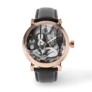 MUSICAL CAT,UGGLA,VIOLIN,HARP Black White Red Musi Armbandsur