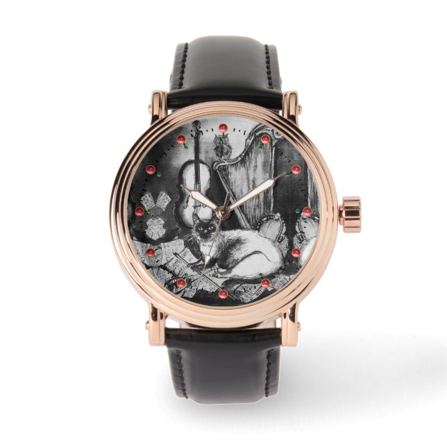 MUSICAL CAT,UGGLA,VIOLIN,HARP Black White Red Musi Armbandsur (Framsida)