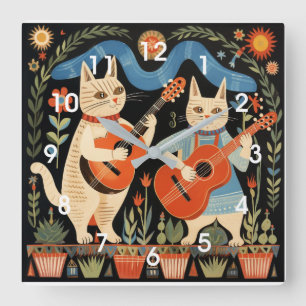 Musical Cats Folk Art Fyrkantig Klocka