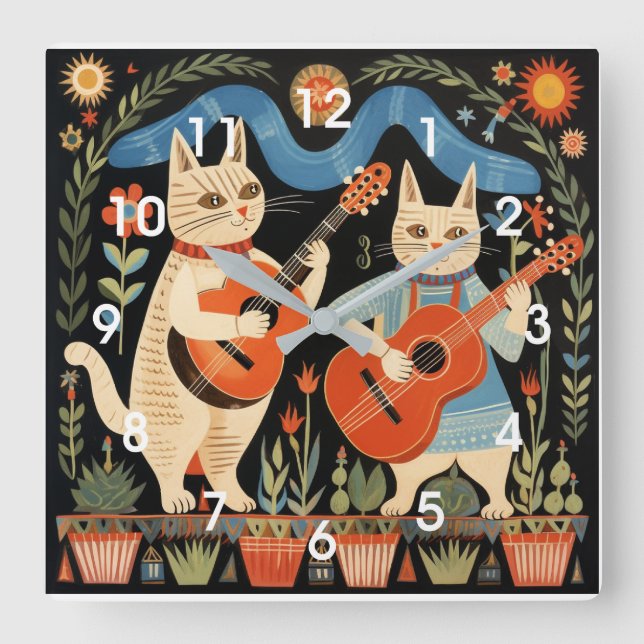 Musical Cats Folk Art Fyrkantig Klocka (Framsida)