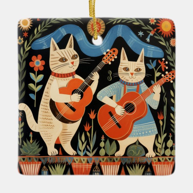 Musical Cats Folk Art Julgransprydnad Keramik (Framsida)