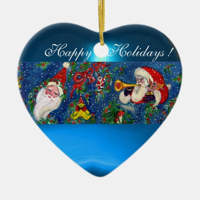 MUSICAL CHRISTMAS NIGHT SANTA BUGLER BLUE HEART JULGRANSPRYDNAD KERAMIK (Framsidan)