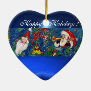 MUSICAL CHRISTMAS NIGHT SANTA BUGLER BLUE HEART JULGRANSPRYDNAD KERAMIK