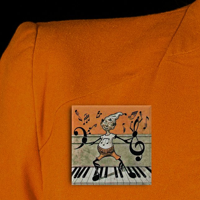 Musical Elf Note on Piano Button Knapp (Musical Elf music note arms legs on piano keys on orange square pin back button.)