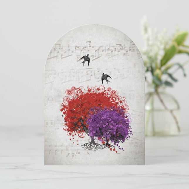 Musical Heart Löv Red Lila Träd Birds Bröllop Inbjudningar (Stående Fram)