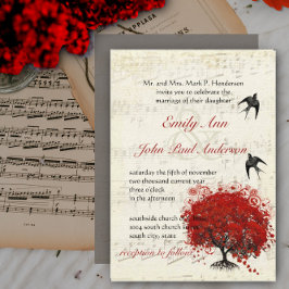 Musical Heart Löv Red Träd Vintage Birds Bröllop Inbjudningar