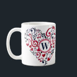 Musical Heart Notes Clefs Music Kärlek Monogram Kaffemugg<br><div class="desc">Vattenfärgsdesign gjord med musik noter och klipper i mörk blått och röd med hjärtan och ett anpassade monogram för en personlig för en musiker,  musiklärare,  choir-lärare eller bara en musiklärare älskare.</div>