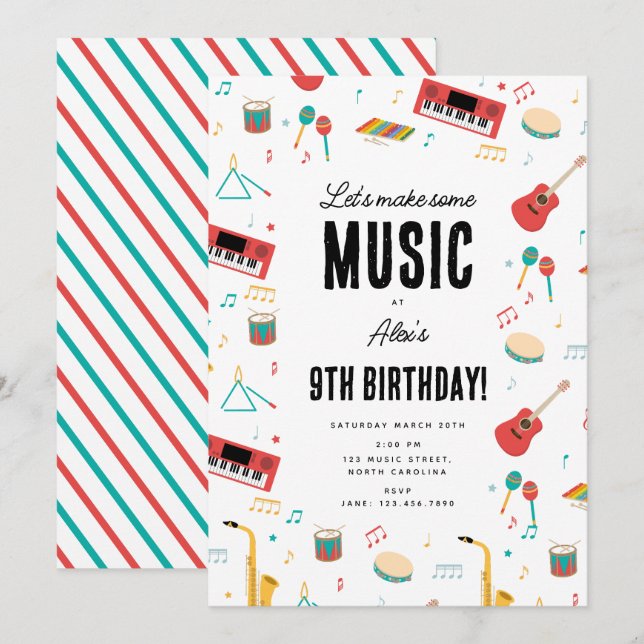 Musical Instruments Music Theme Birthday Party Inbjudningar (Fram/baksida)