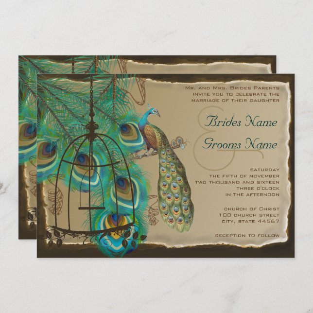 Musical Peacock Bird Cage Feather Burnt Parchment Inbjudningar (Fram/baksida)