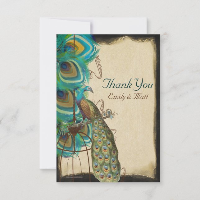 Musical Peacock Birdcage Feather Bröllop Tack Kort (Framsida)