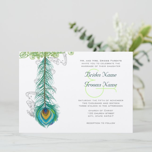Musical Peacock Feather Wedidng-inbjudan Inbjudningar (Stående Fram)