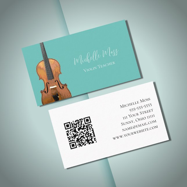Musical QR Grönt Violin Teacher Teal Visitkort (Skapare uppladdad)