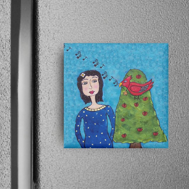 Musical Red Bird in Apple Träd Folk Art Magnet (Folk art lady beside apple tree with singing red bird on blue square magnet.)