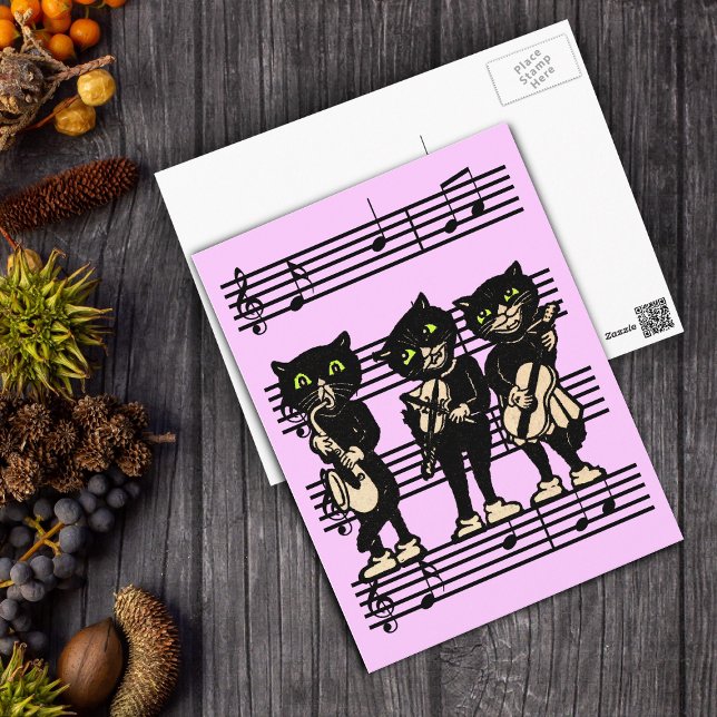 Musical Svarta katter vycard Vykort (Three black musical cats standing on black sheet music on pink postcard.)