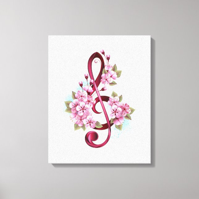 Musical treble clef notes with Sakura flowers Canvastryck (Framsida)