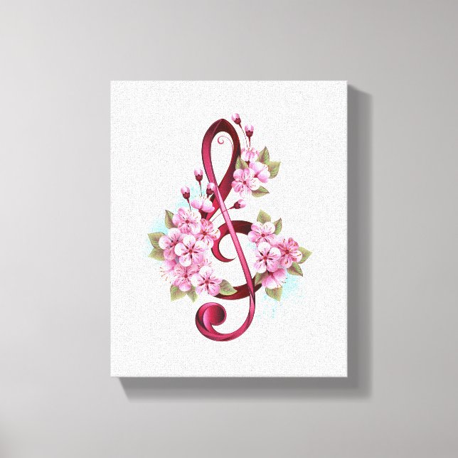 Musical treble clef notes with Sakura flowers Canvastryck (Framsida)