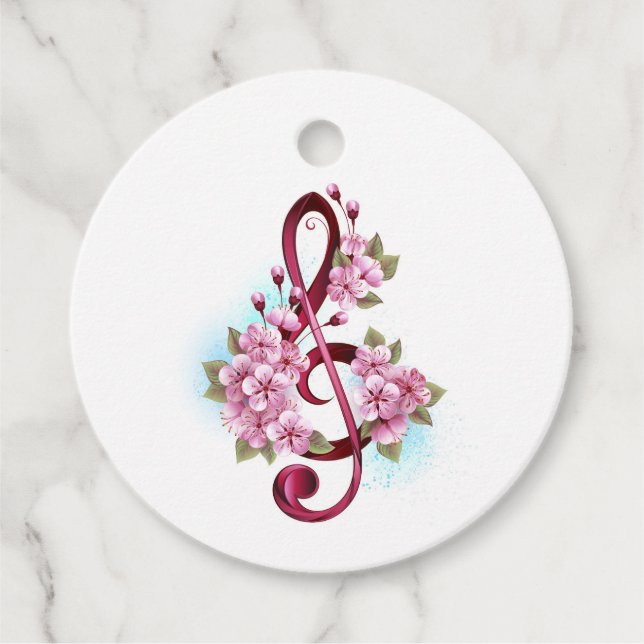 Musical treble clef notes with Sakura flowers Gåvor Etiketter (Framsida)