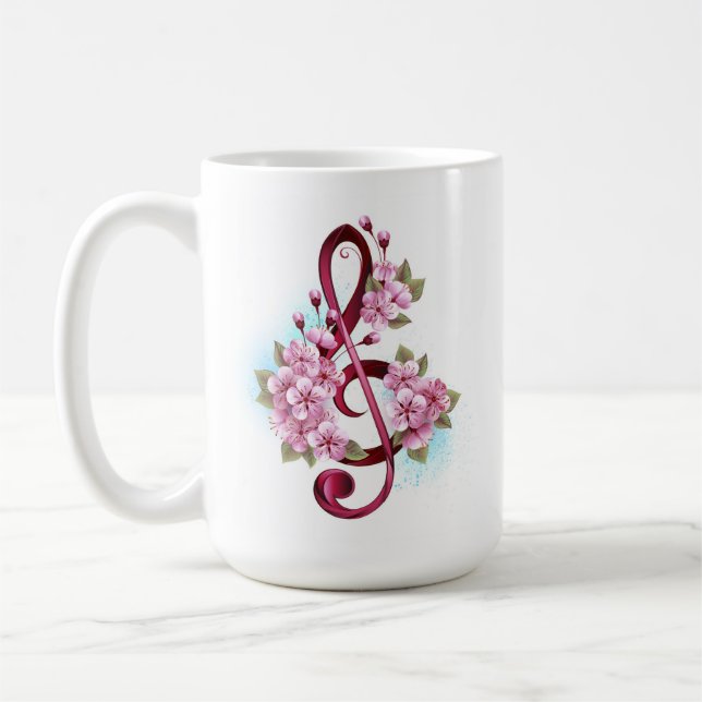Musical treble clef notes with Sakura flowers Kaffemugg (Vänster)