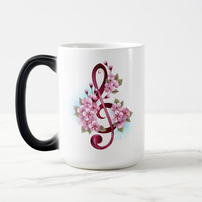 Musical treble clef notes with Sakura flowers Magisk Mugg (Vänster)