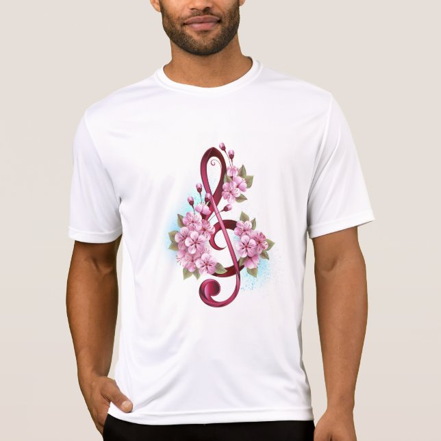 Musical treble clef notes with Sakura flowers T Shirt (Framsida)