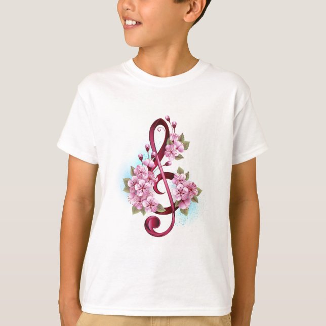 Musical treble clef notes with Sakura flowers T Shirt (Framsida)