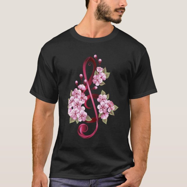 Musical treble clef notes with Sakura flowers T Shirt (Framsida)