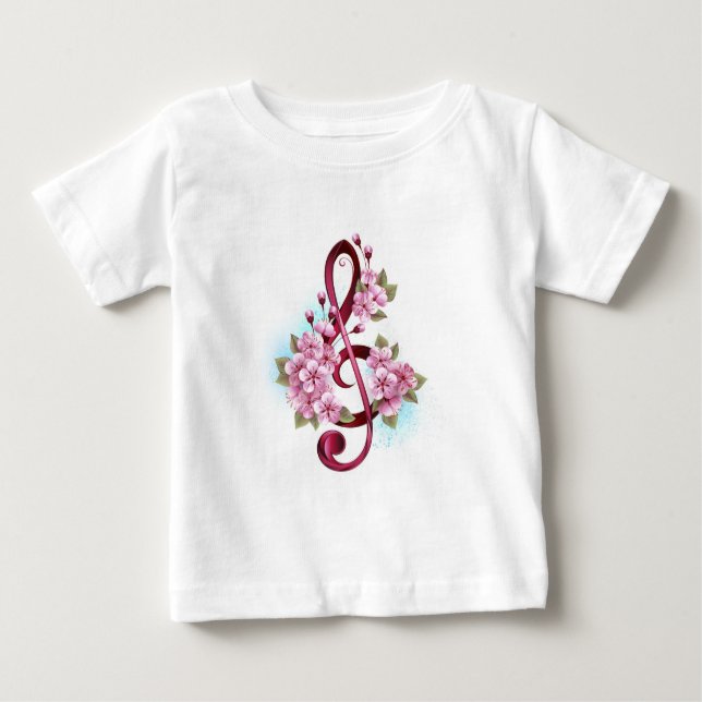 Musical treble clef notes with Sakura flowers T Shirt (Framsida)