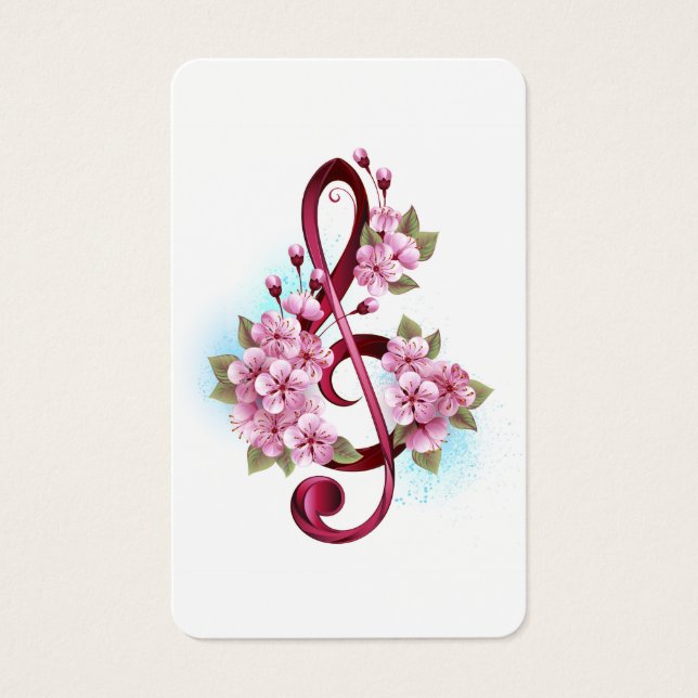 Musical treble clef notes with Sakura flowers Visitkort (Framsida)