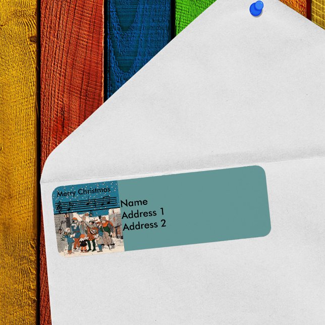 Musical Vintage jul Carolers Returadress Etikett (Merry Christmas old time carolers and musicians on Street corner on return address label.)